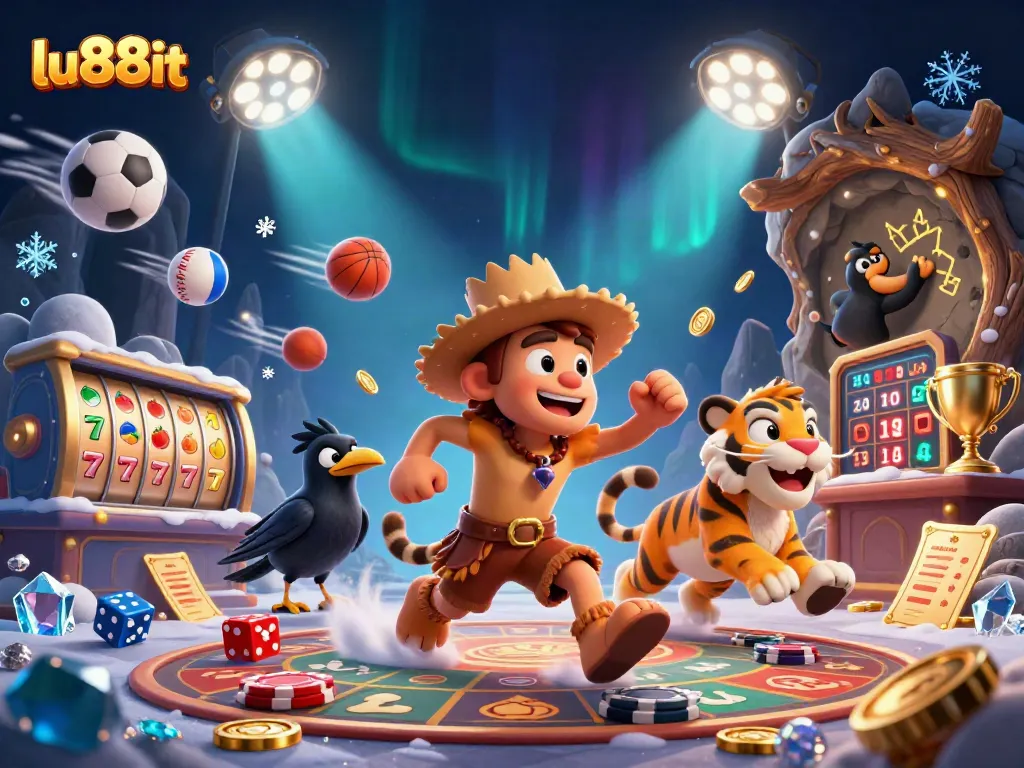 Engage in exciting slots at lu88it with a dynamic scene featuring a prehistoric casino and vibrant game elements.