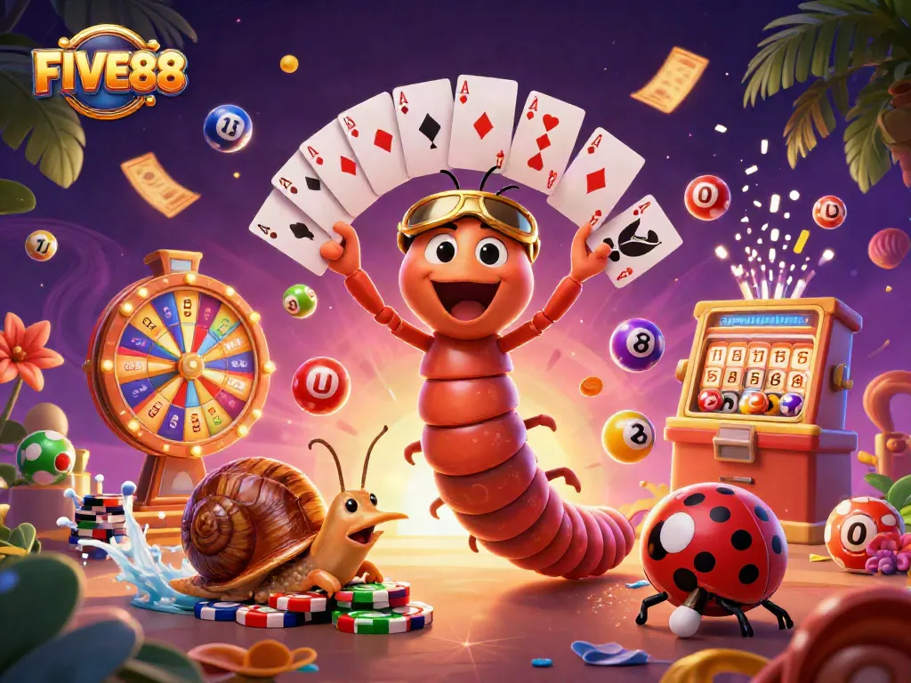 Join the excitement at FIVE88 with a dynamic casino scene featuring colorful lottery balls and a unique millipede dealer.