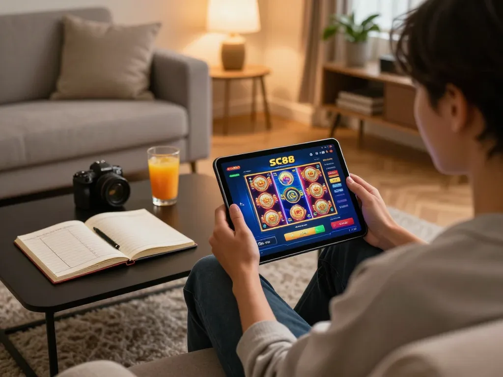 Engaging home scene with SC88 Com online gaming setup on tablet, showcasing vibrant slot games and personal strategy notes.