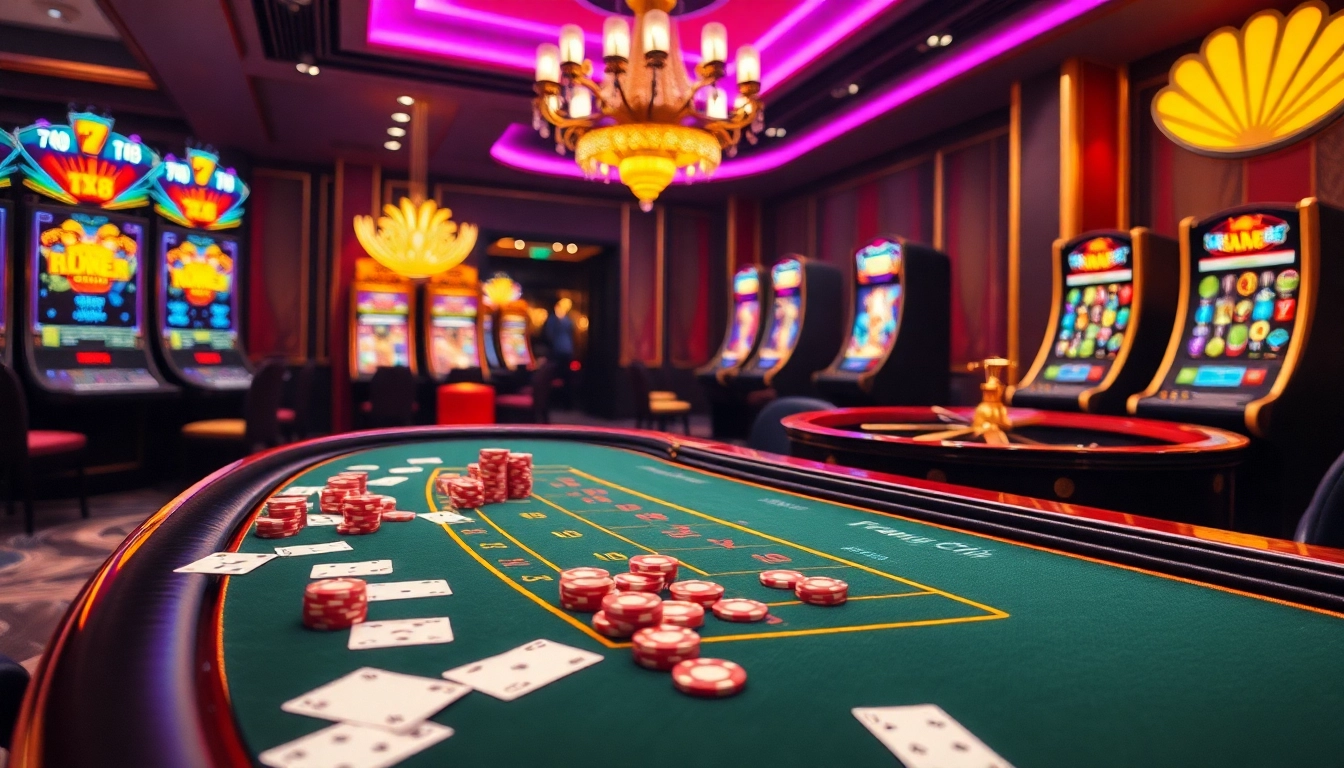 Experience the thrilling world of gambling with Trang Chủ TX88 at a luxurious casino scene featuring vibrant poker chips.