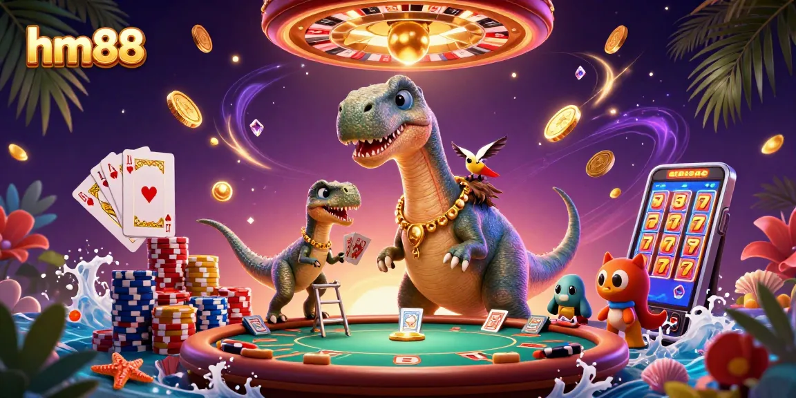 Engage with hm88's vibrant casino art featuring a giant brontosaurus and dynamic gaming elements.