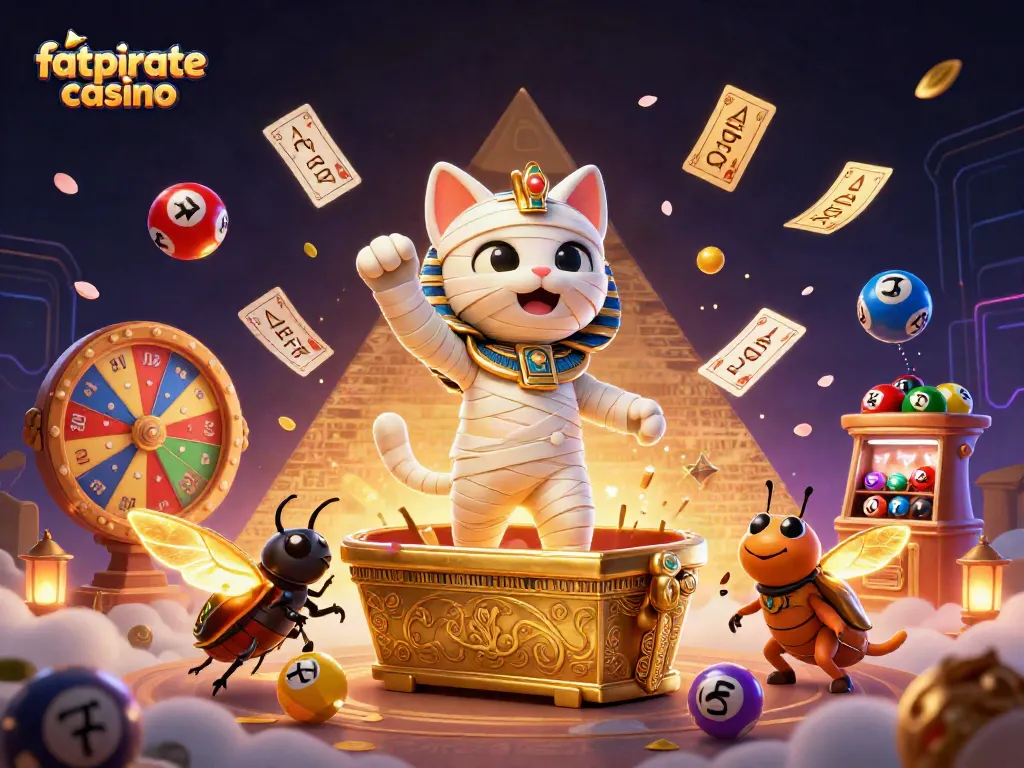 Experience the excitement of fatpirate casino with vibrant games and thrilling elements in this 3D illustration.