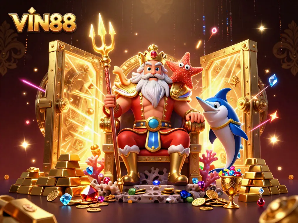 Experience the excitement of VIN88 with sea king Neptune and treasures in a stunning 3D illustration.