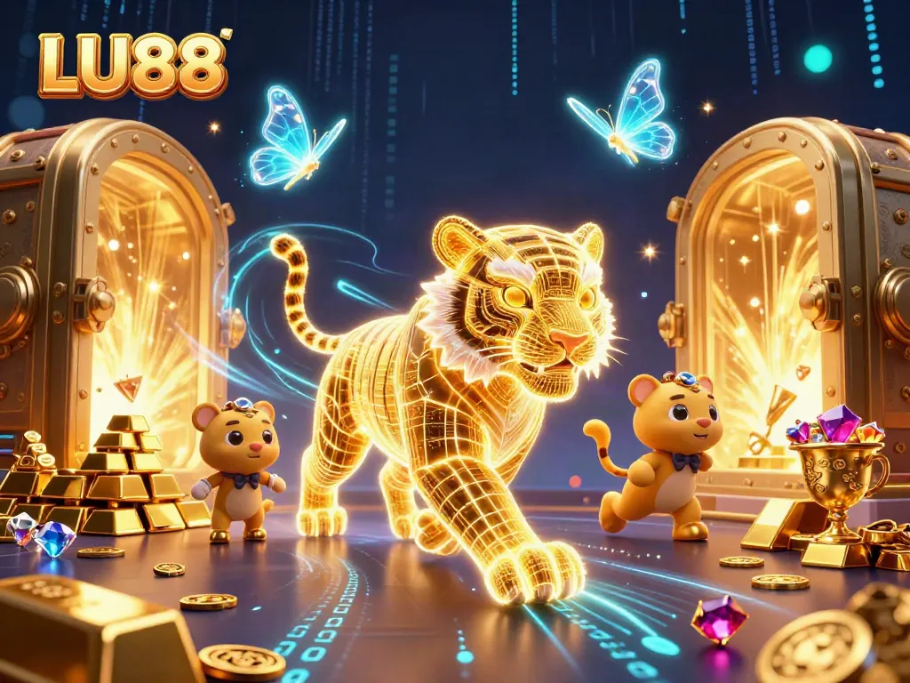 Immerse in LU88's vibrant casino world with our glowing tiger and holographic butterflies amidst treasures and games.