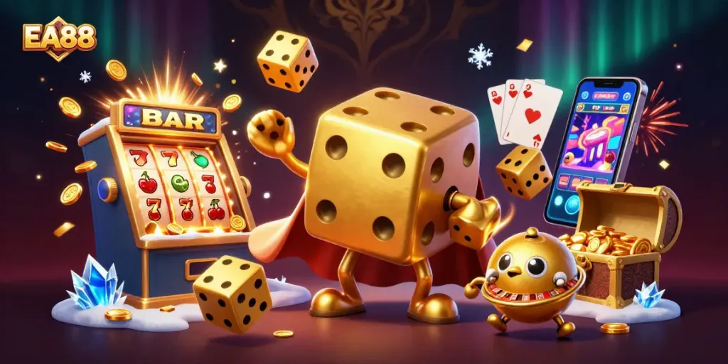 EA88 showcases a vibrant casino scene bursting with jackpots, dice, and winning symbols.