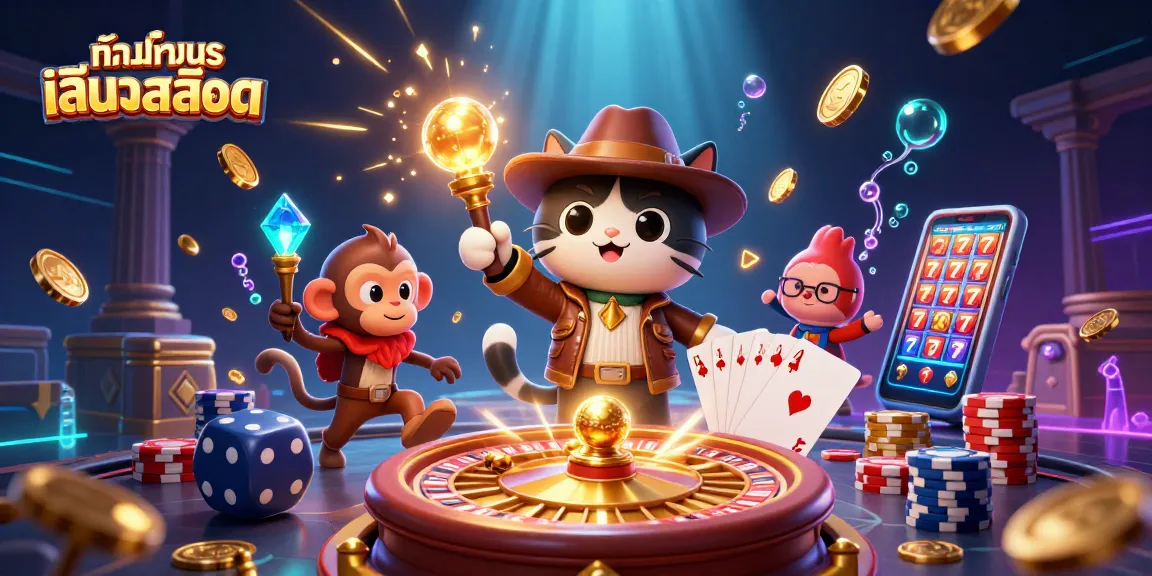 Engage with ทดลองเล่นสล็อต as cartoon characters uncovering treasures amidst casino excitement.