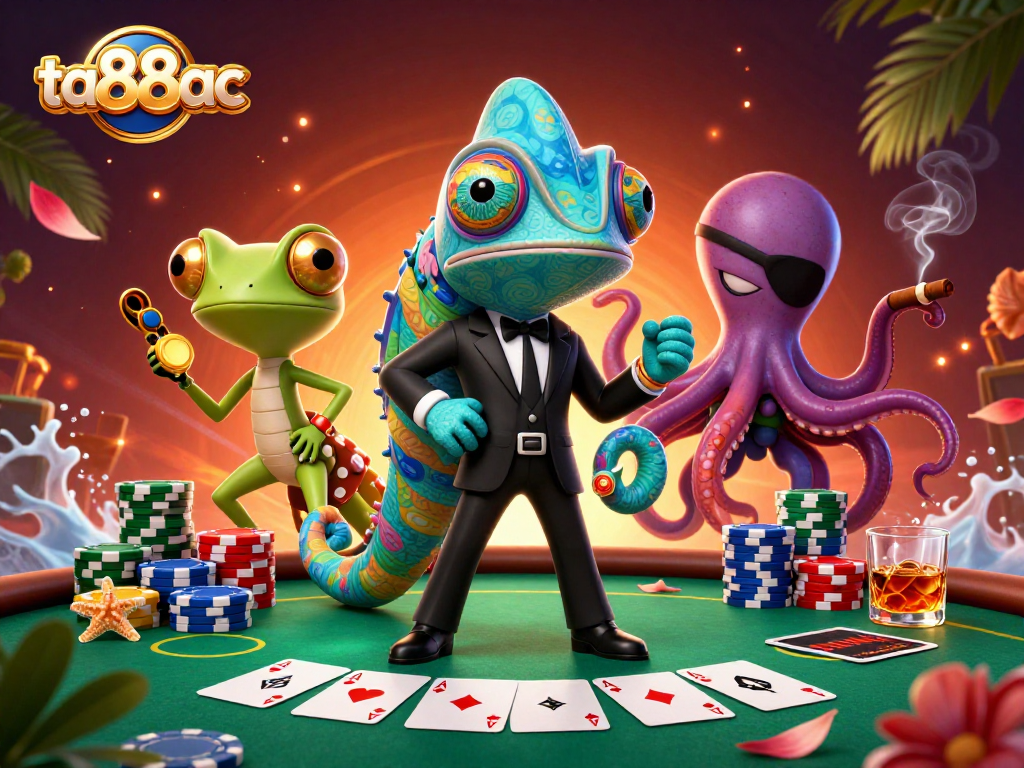 Engage with ta88ac in a vibrant 3D illustration featuring poker action and colorful characters.