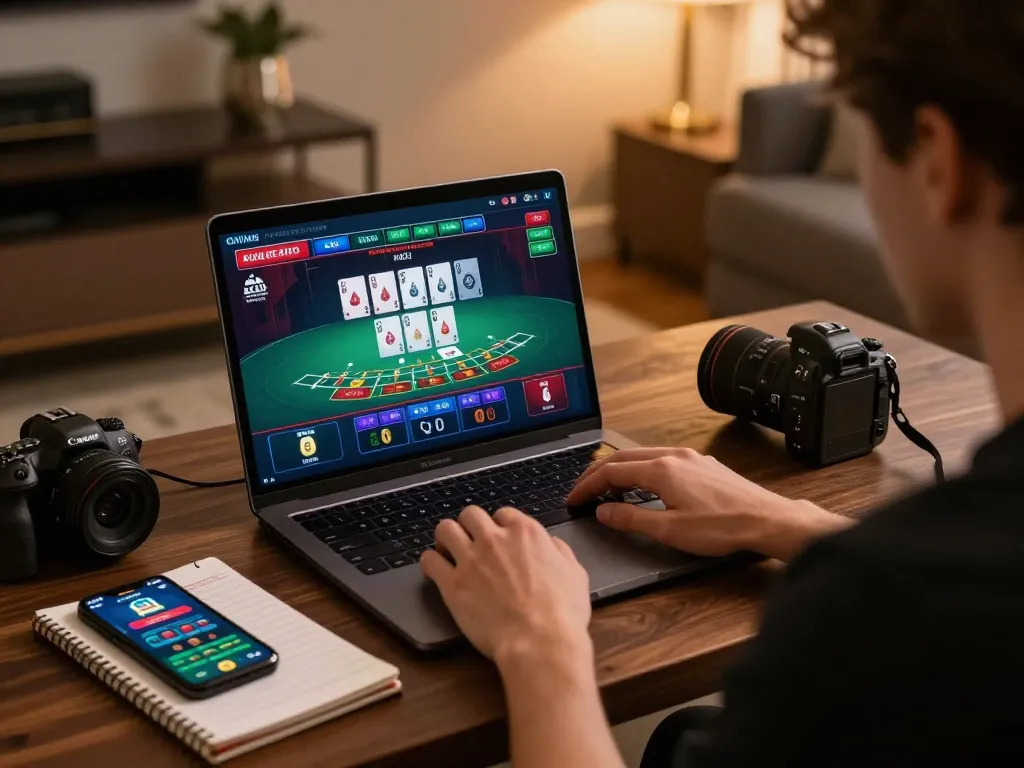 Engaged user at home enjoying Jun88 online casino blackjack with strategic notes and smartphone.