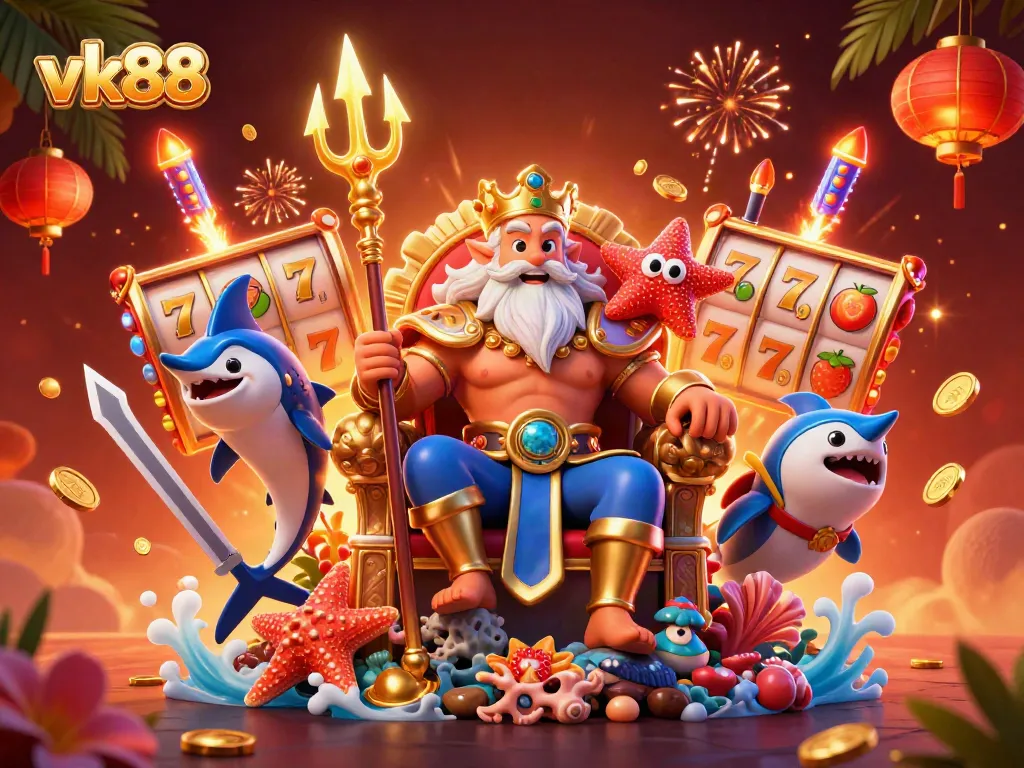Engage with vk88's vibrant slot reels and lucky elements in an animated casino scene.