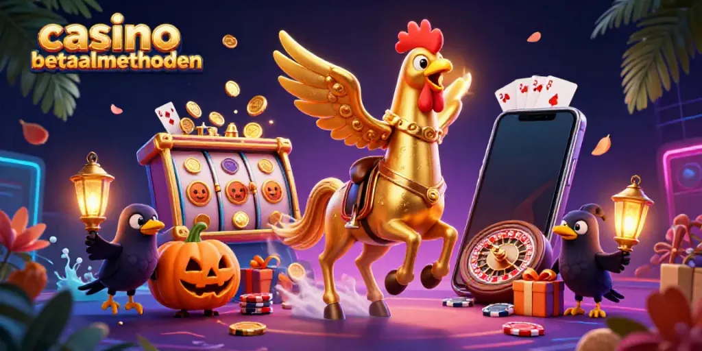 Engaging scene with golden rooster and crows showcasing various casino betaalmethoden in a vibrant setting.