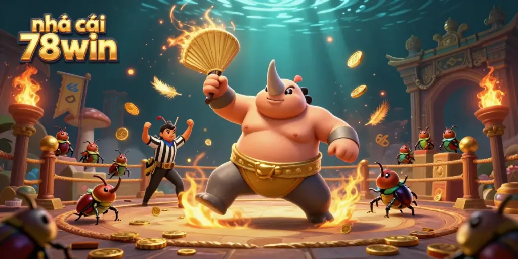 Exciting scene of nhà cái 78win with a cartoon beetle champion and referee surrounded by golden coins and vibrant effects.