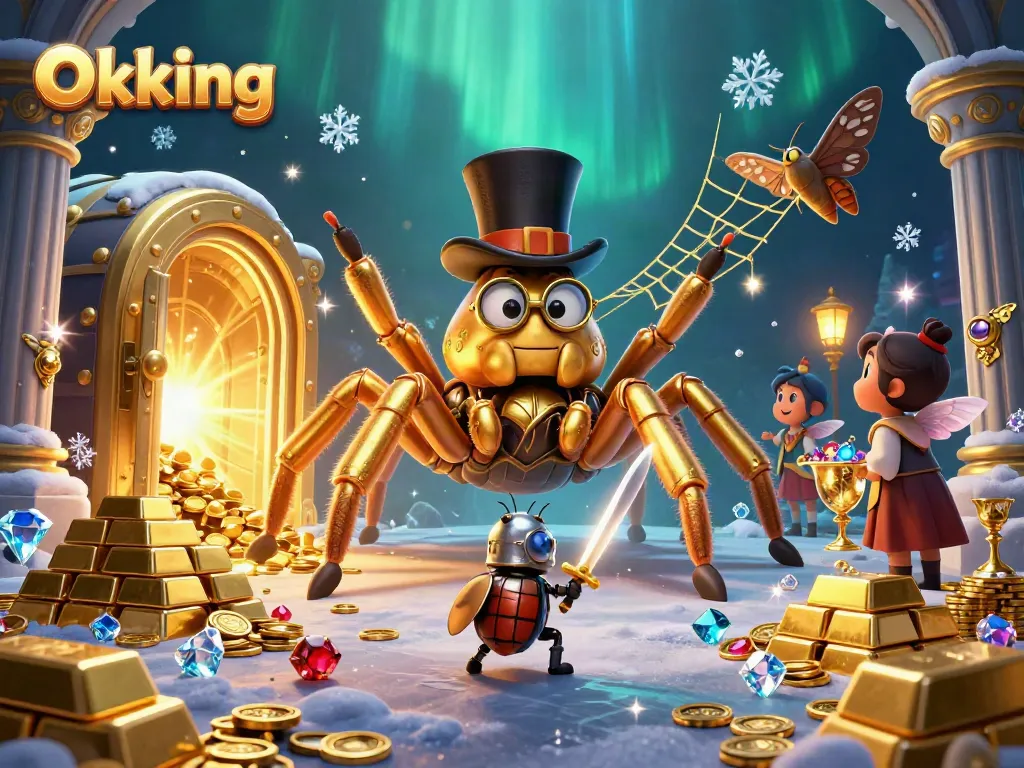 Experience the exhilarating world of Okking with a thrilling scene of a golden tarantula and beetle knight amidst dazzling casino treasures.
