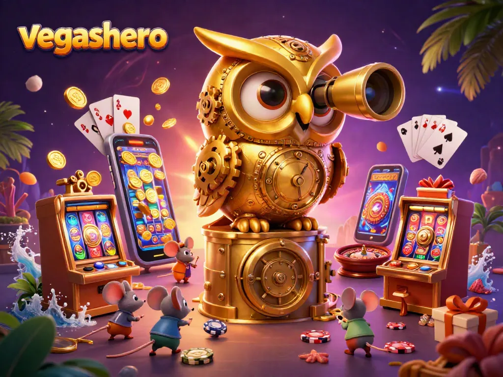 Experience the excitement of vegashero with a vibrant casino scene, showcasing games and animated characters.