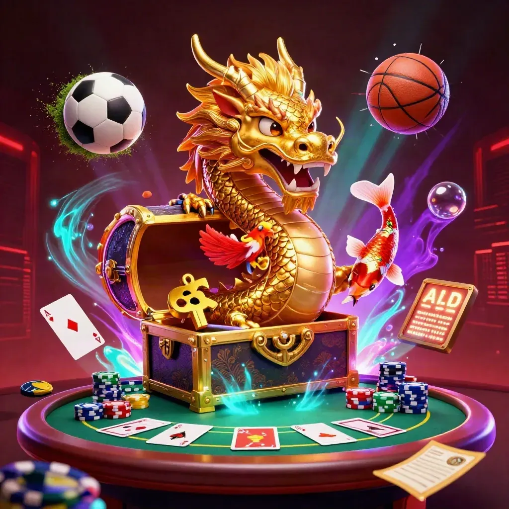 Gouden draak rond schatkist met chips, phoenix, koi, bal en neon casino-licht