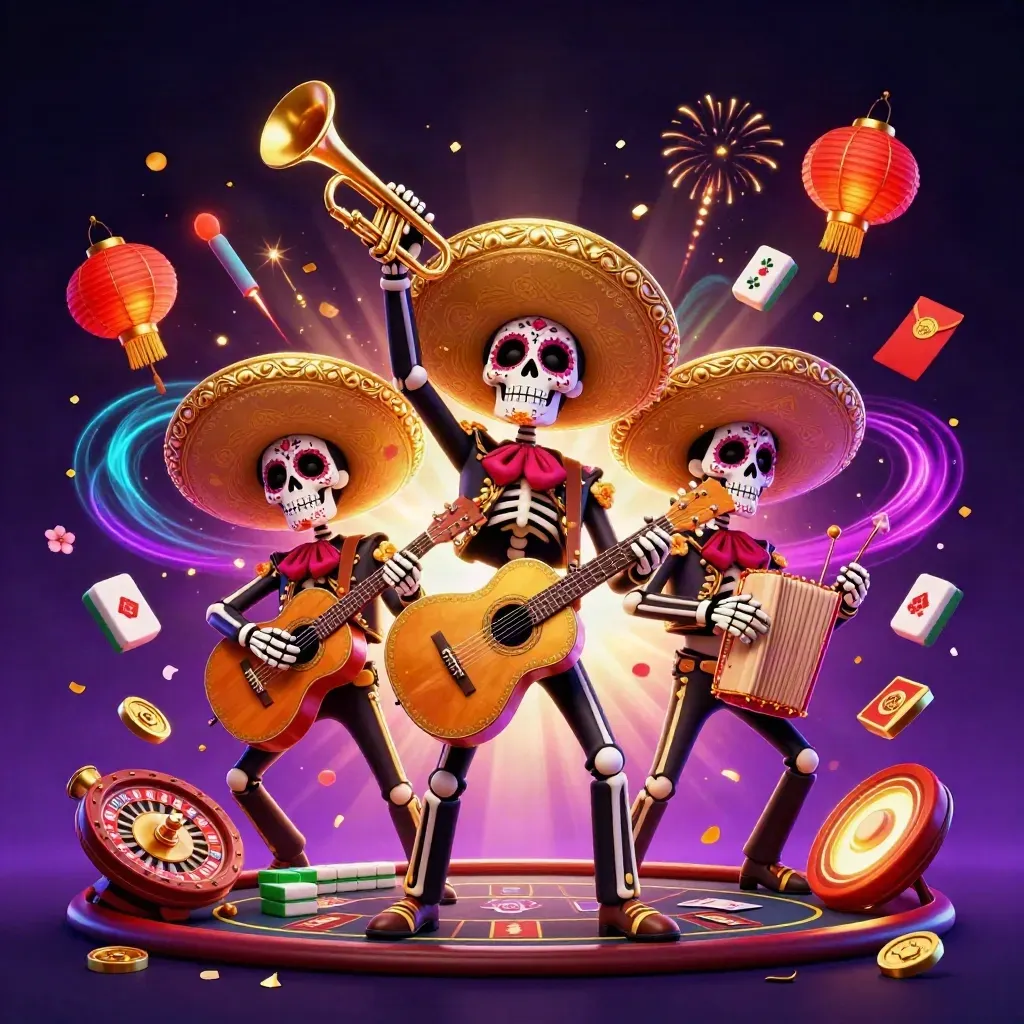 Drie Day-of-the-Dead mariachi-skeletten tussen neon casino-elementen en sterrenstof.