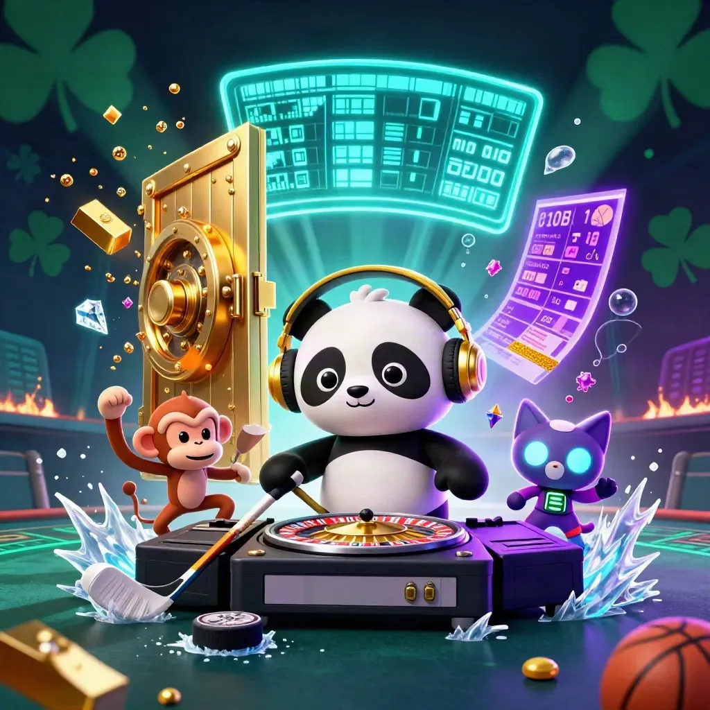 Neon casino-hockeyscene met diermascottes, schatkamer, goud en felle lichtstralen.