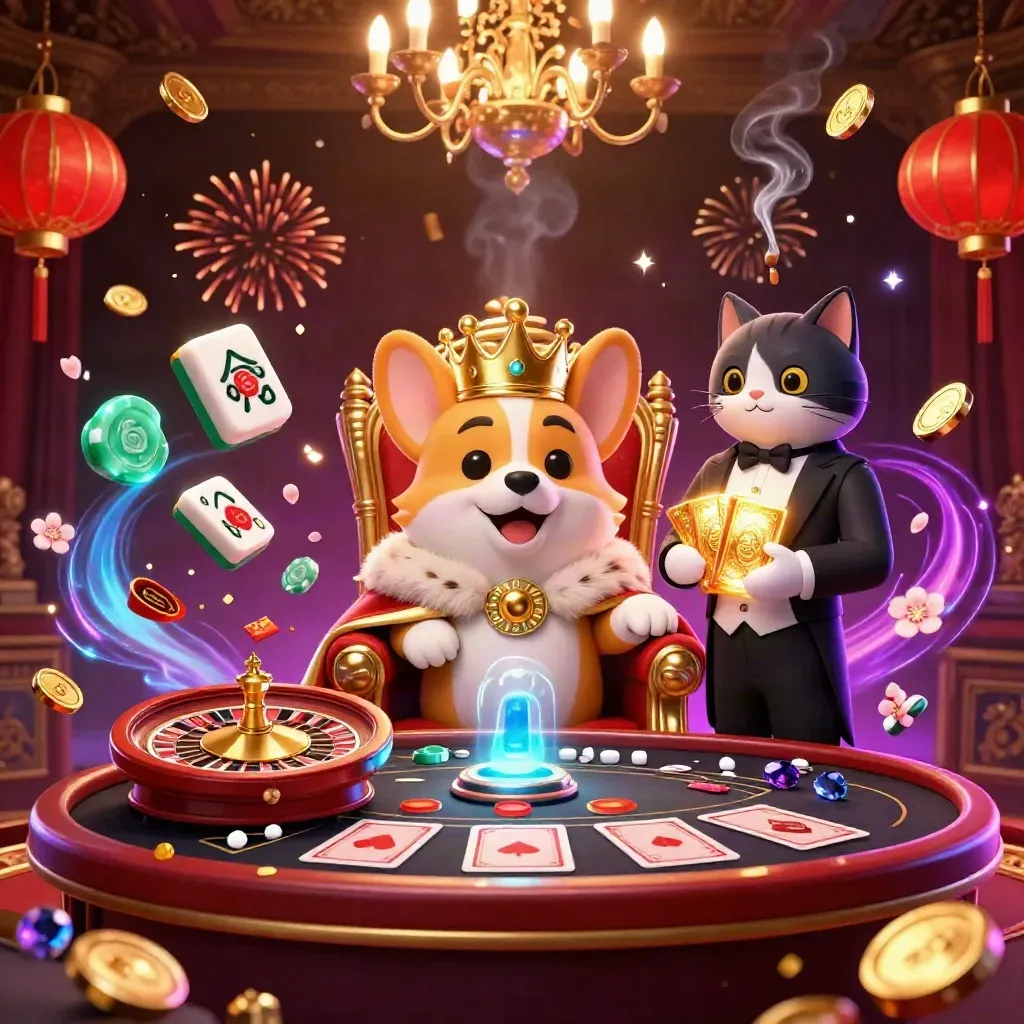 Koninglijke corgi en kattenbutler in neon casino, met roulette, kaarten en vuurwerk