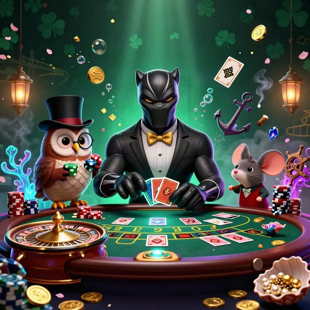 Panter, uil en muis in een neon casino met schatkist-sfeer en goud licht.