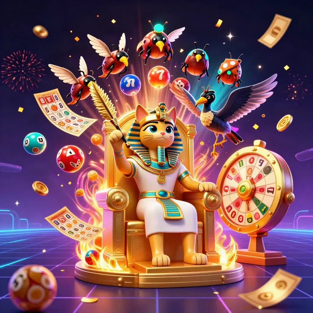 Pharaohkat, ibis en scarabeeën met goud, neon effecten en spelobjecten