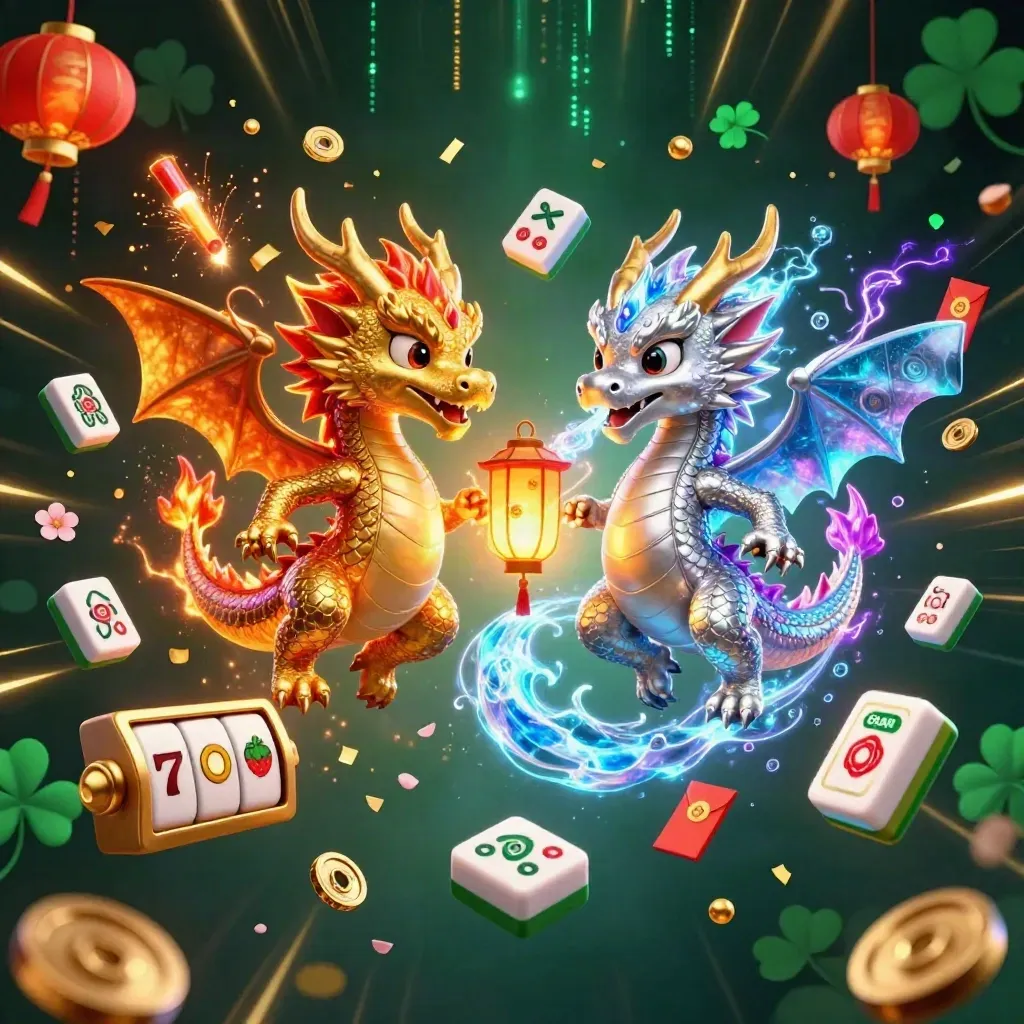 Twee verstrengelde draken van goud en zilver met neon effecten en casino-burst.