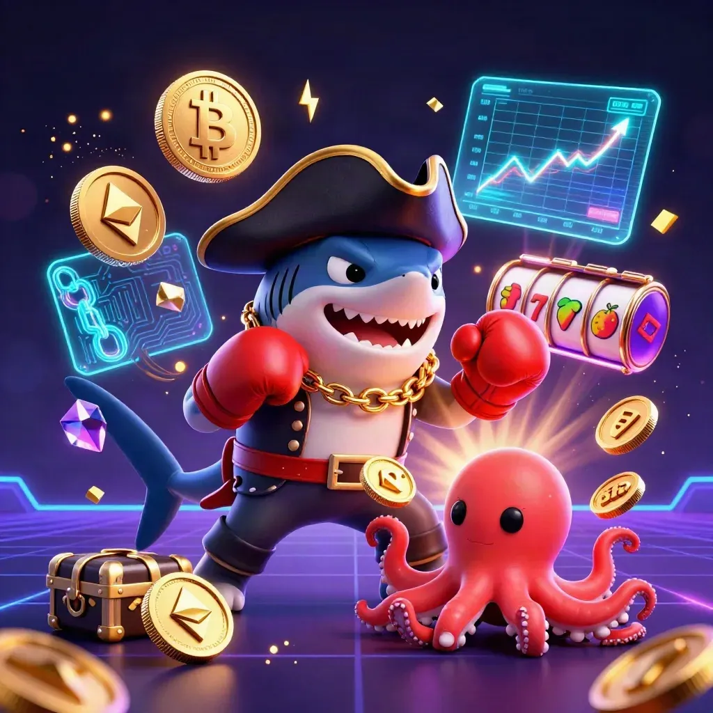Sharkpiraat, rode kogelvis en baby-octopus met neon casino-munten en lichtflitsen