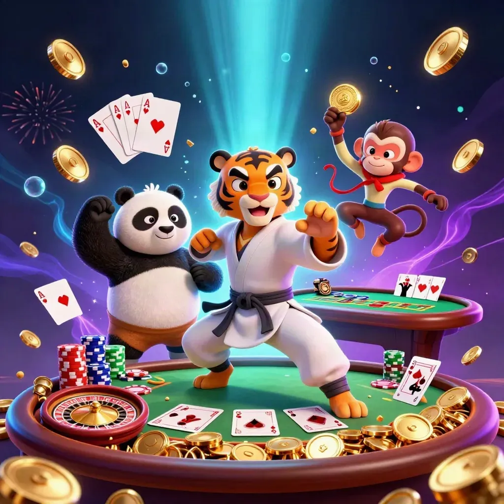 3D casino-key art met tijger, panda en aap tussen munten, kaarten en neonexplosies.
