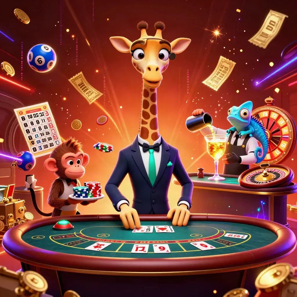 Kleurrijke casinotaferelen met giraffe, aap en kameleon tussen munten, kaarten en neonflitsen
