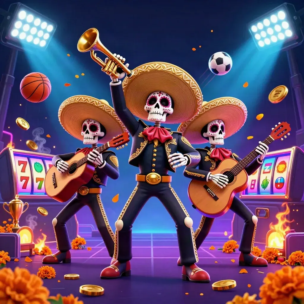 Drie Day-of-the-Dead mariachi-skeletten met sportballen, goud, neon en jackpot-vibes