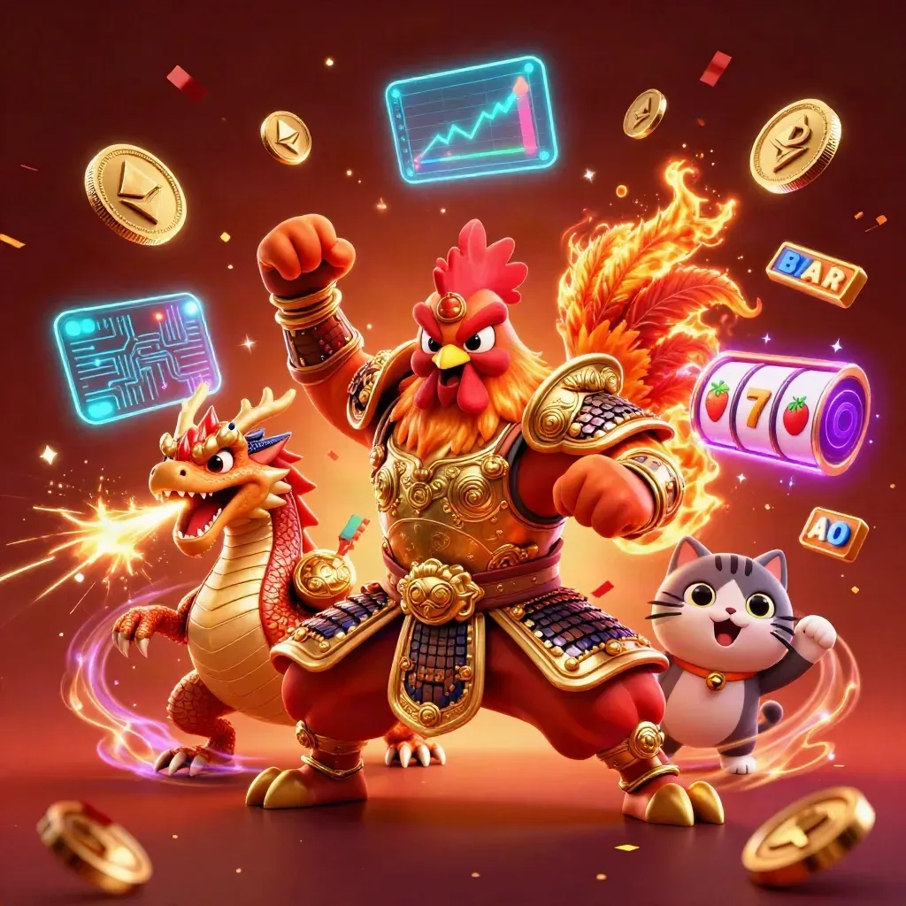 Vechtende haan-samurai, draakje en gelukskat met neon casino-items en magie.