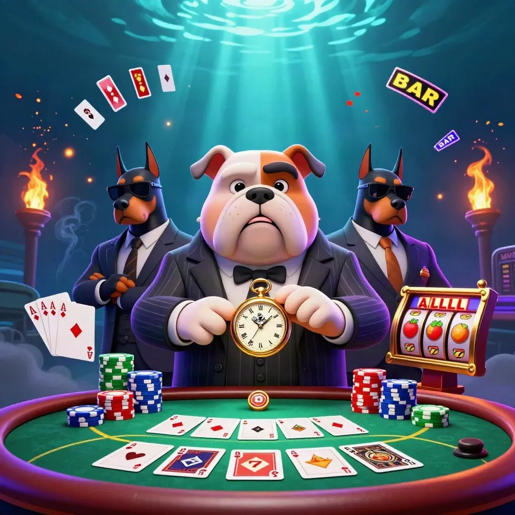 Maffiabulldog met twee Dobermans rond poker, chips, slotrollen en neonlicht