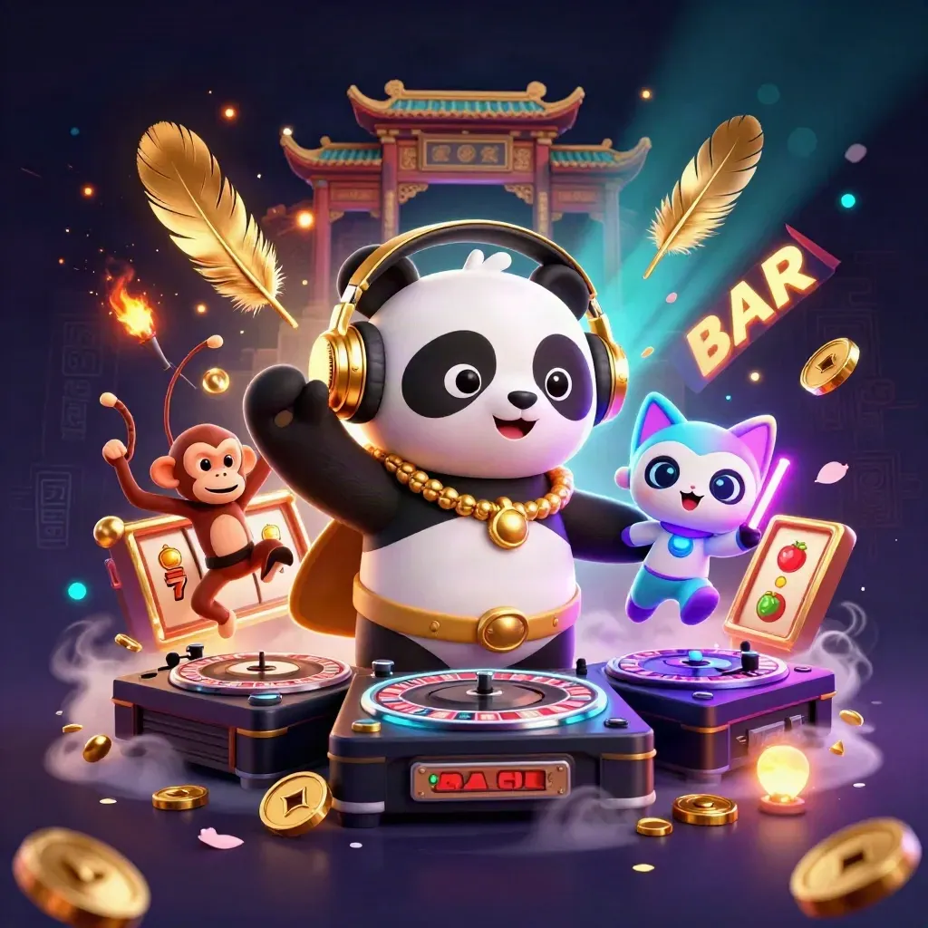 DJ-panda, breakdancende aap en glow-stick kitten tussen neon munten en tempelpoort