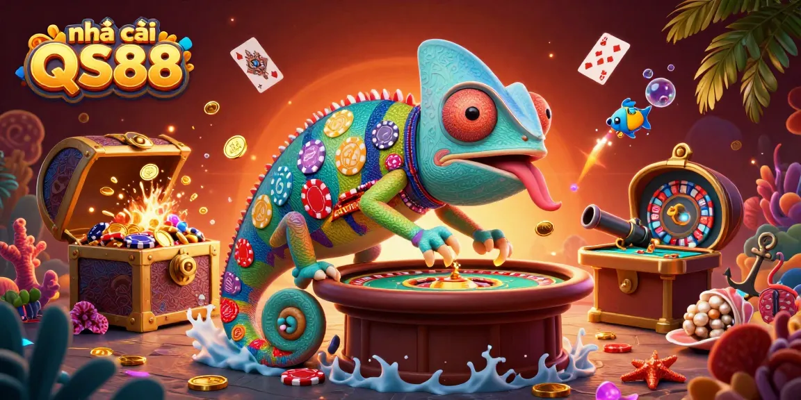 Witness the lively activities at nhà cái QS88 with a vibrant chameleon casino owner capturing golden coins amidst a dynamic gaming scene.