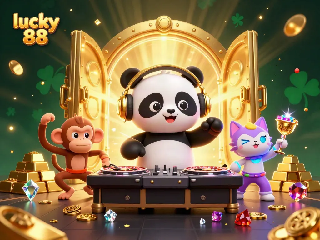 Engage with lucky 88 in a vibrant 3D casino scene featuring a DJ panda, breakdancing monkey, and glow-stick kitten.
