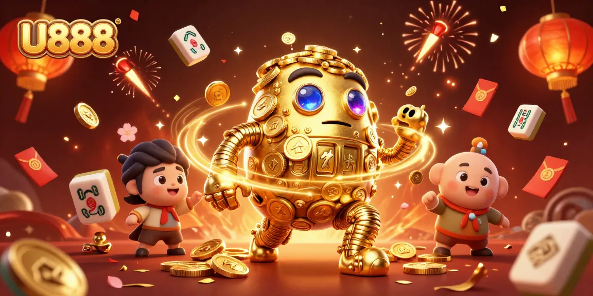 Experience thrilling gaming at U888 with a dynamic golden golem and vibrant casino elements.