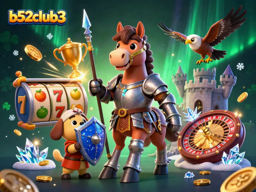 Bets and spins come alive at b52club3 with a knight, puppy, and falcon in this vibrant casino scene.