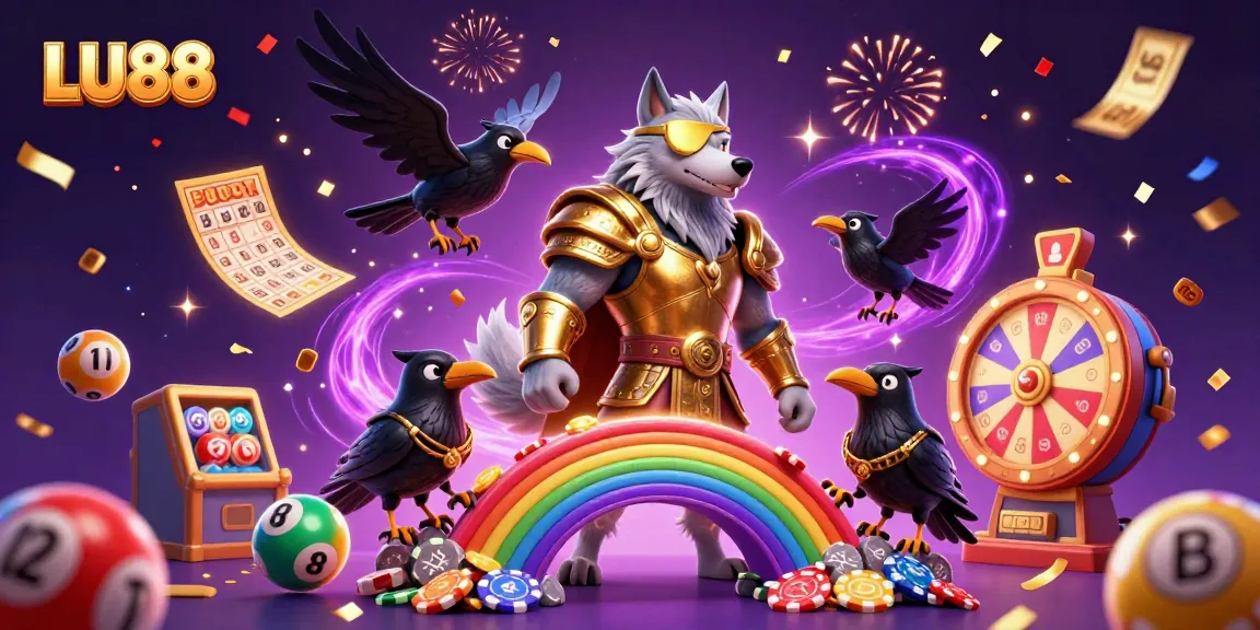 LU88 presents a vibrant digital casino world with characters and festive gambling elements