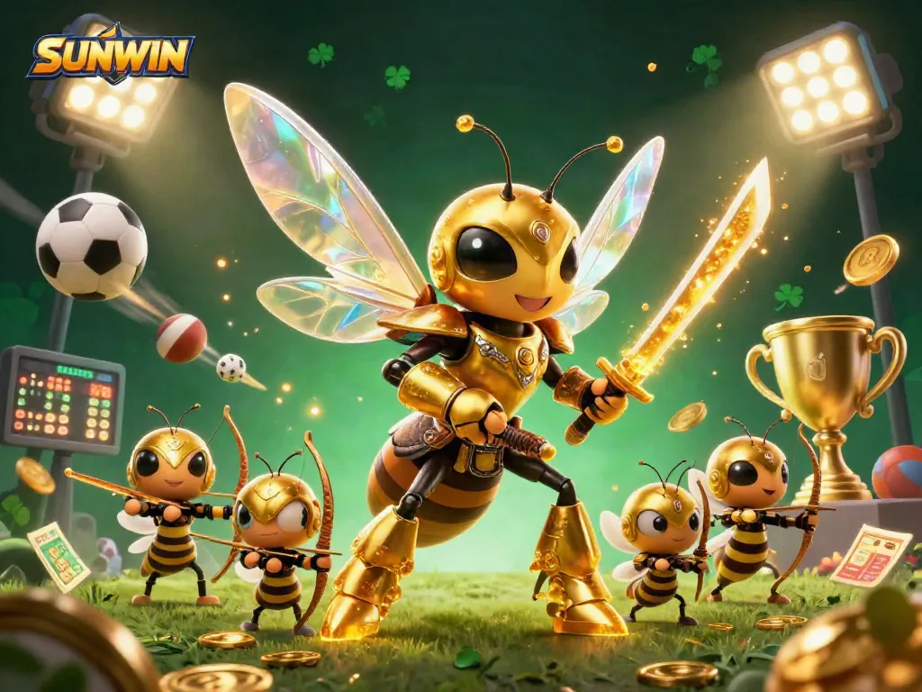 SUNWIN promotes immersive play with a 3D golden hornet samurai and dynamic sports elements.