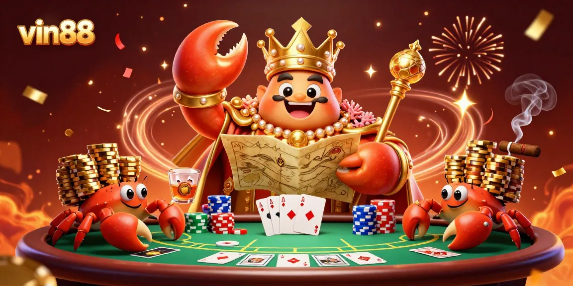 Engage in exciting poker action at vin88 featuring a festive crab emperor and vibrant casino elements.