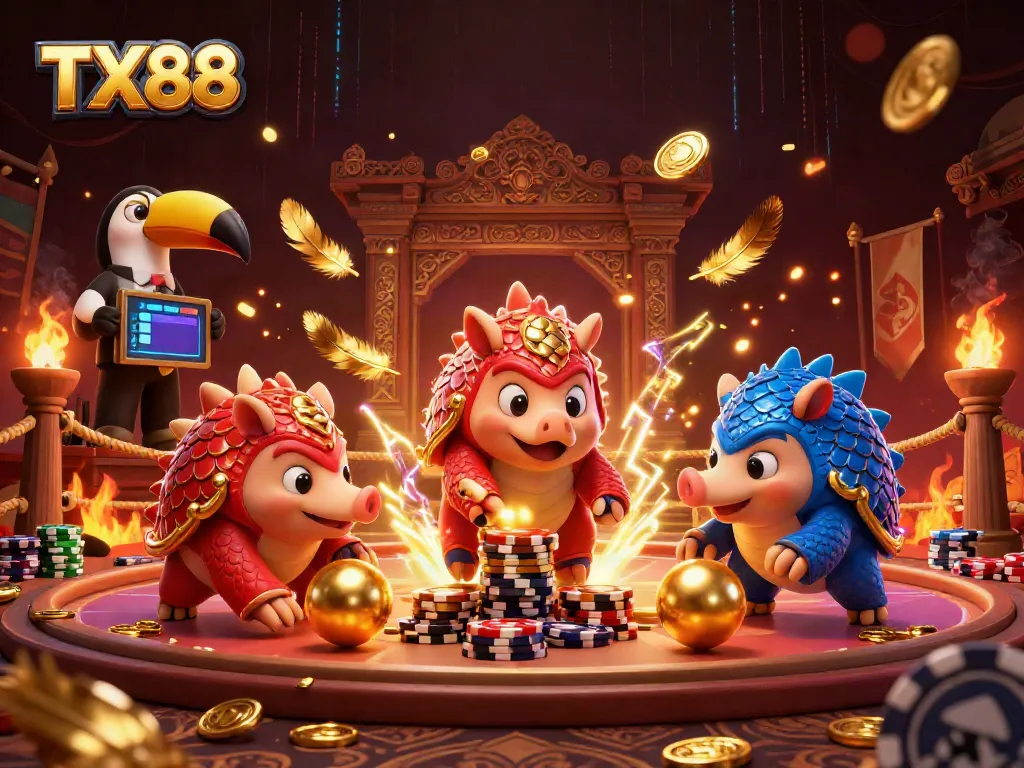 Experience thrilling gaming action at TX88 with vibrant pangolin rivals in a lively casino scene.