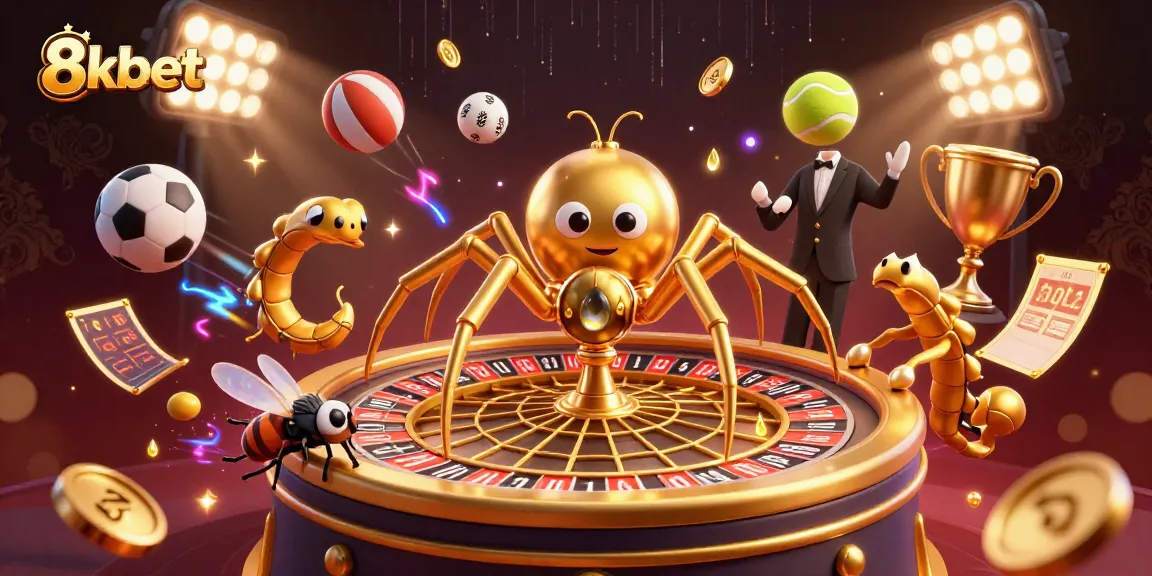 Engage with game strategies at 8kbet with a vibrant 3D casino scene featuring a golden spider and dynamic sports elements.