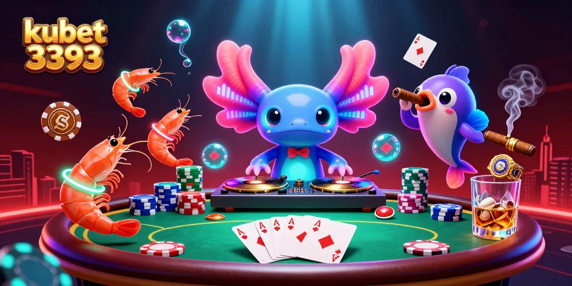 Experience the vibrant world of kubet 3393 with a neon axolotl DJ spinning at an underwater poker table.