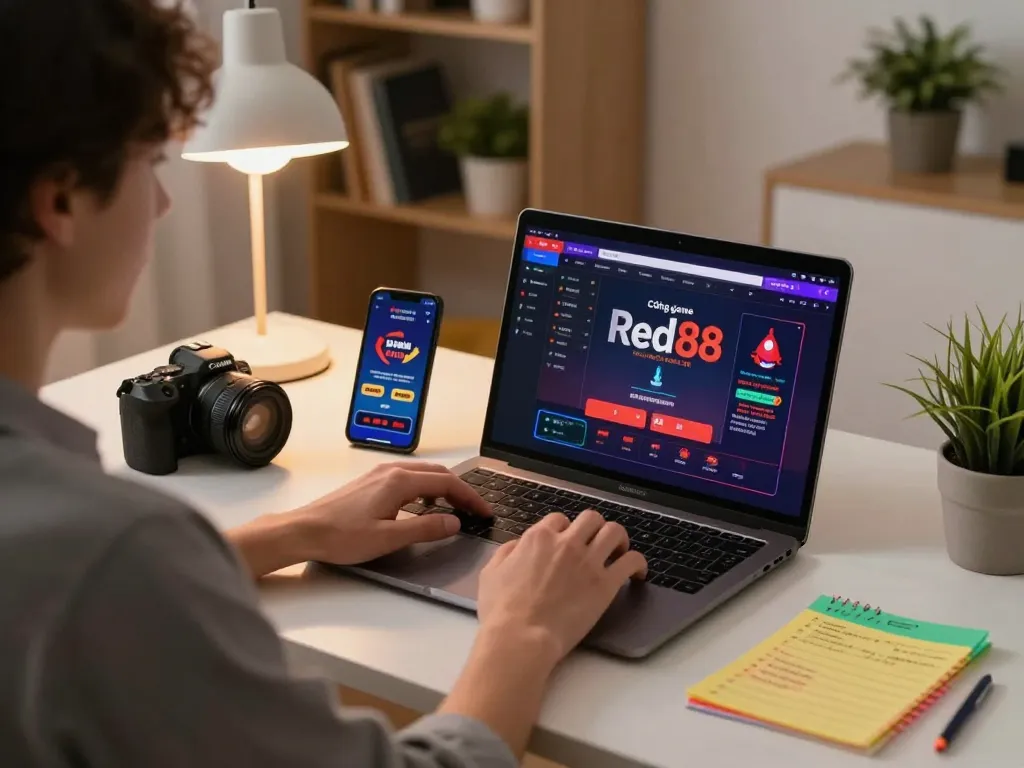 Cổng game Red88 displayed on a laptop in a cozy home office, showcasing interactive casino gameplay with warm lighting.