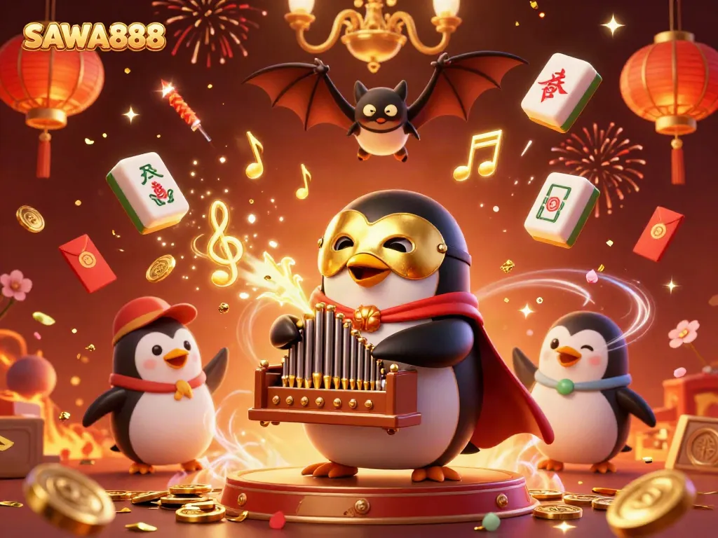 Experience thrilling action with SAWA888 as a 3D cartoon penguin plays an organ shooting golden coins.