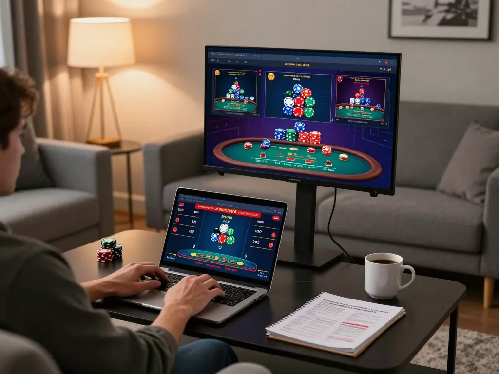 Engaged player using 8kbet online casino interface on a laptop, surrounded by gaming strategy notes and coffee.