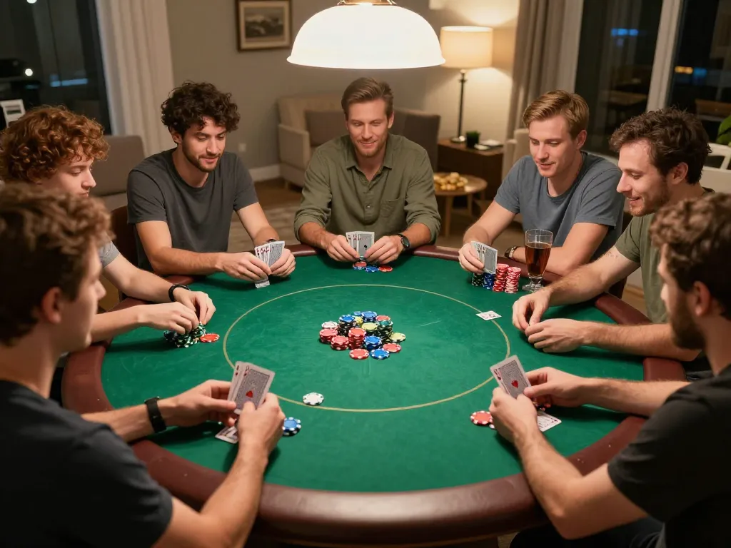 Players enjoy a thrilling home poker night, showcasing tic88-themed gameplay with chips stacked and cards dealt.