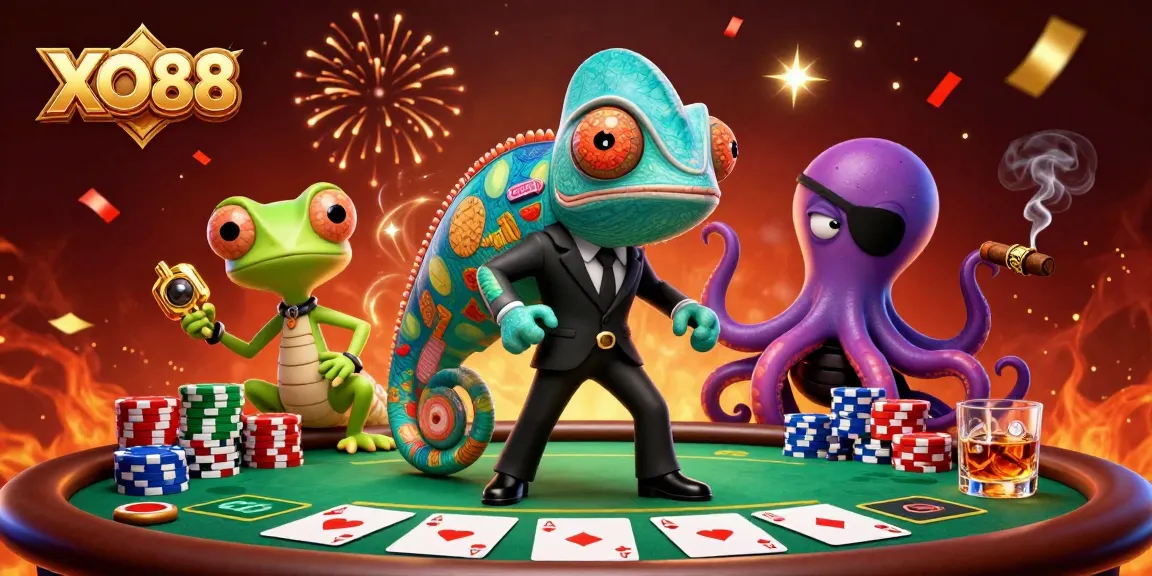 Engage with the colorful world of XO88 poker featuring dynamic cartoon characters in a rich casino atmosphere.