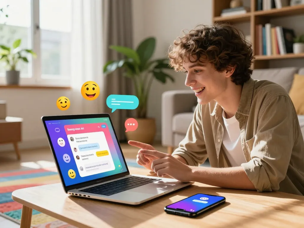 Engaging interaction with spicy chat AI app on a modern laptop in a cozy living room.