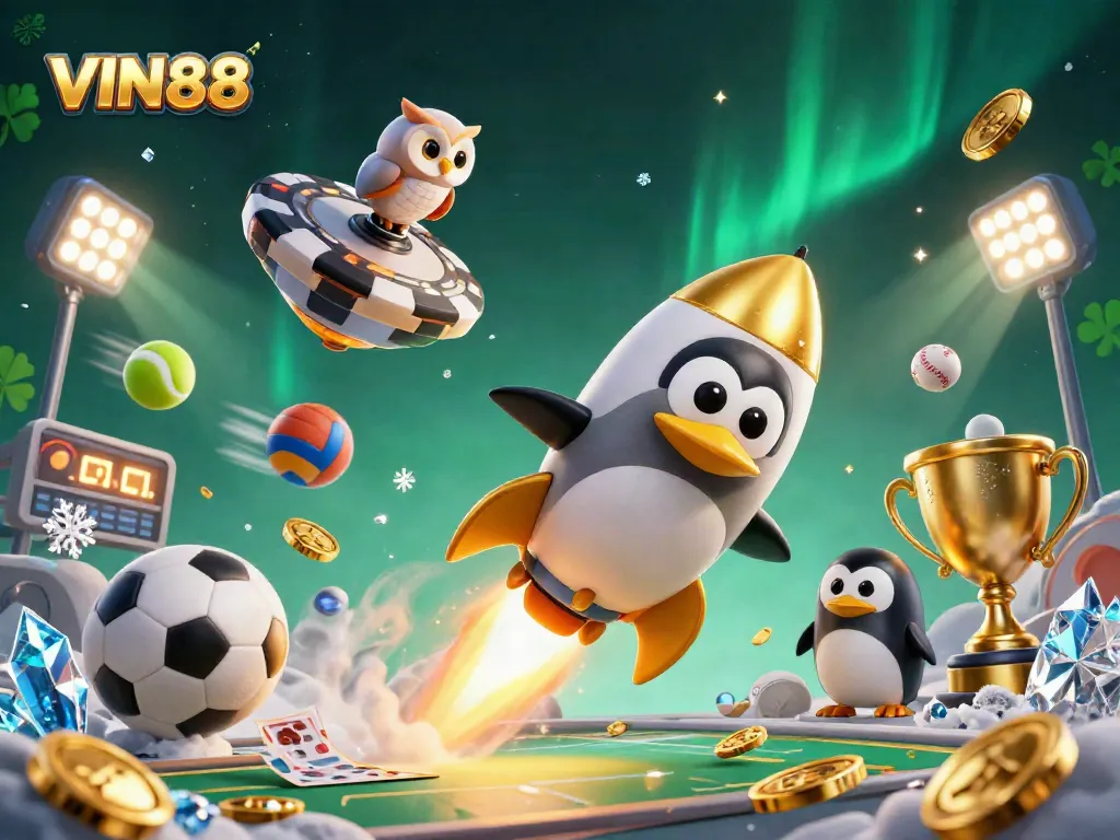 Experience the thrill of VIN88 with a golden penguin rocket powering through space, toward a vibrant casino adventure.