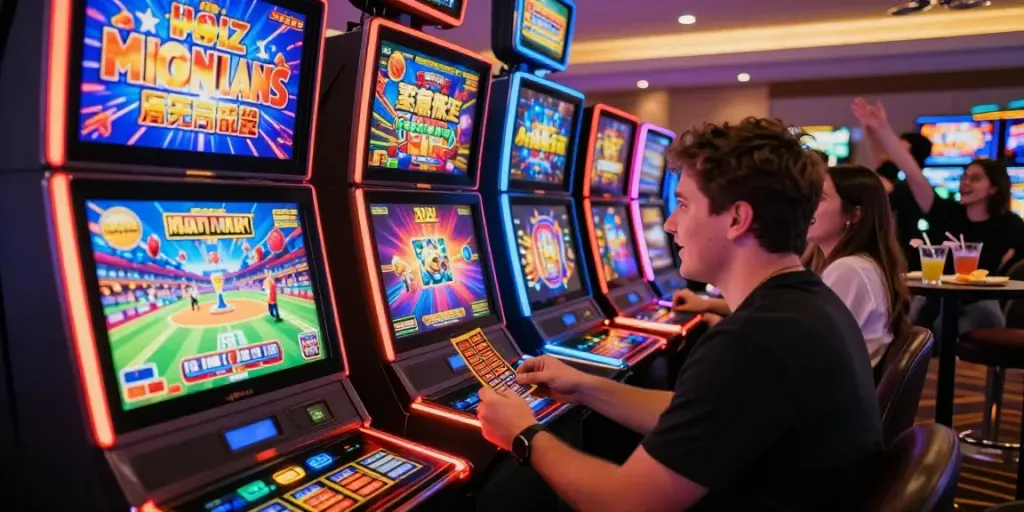 Pengunjung merayakan kemenangan saat bermain situs slot di kasino yang cerah dan ramai.