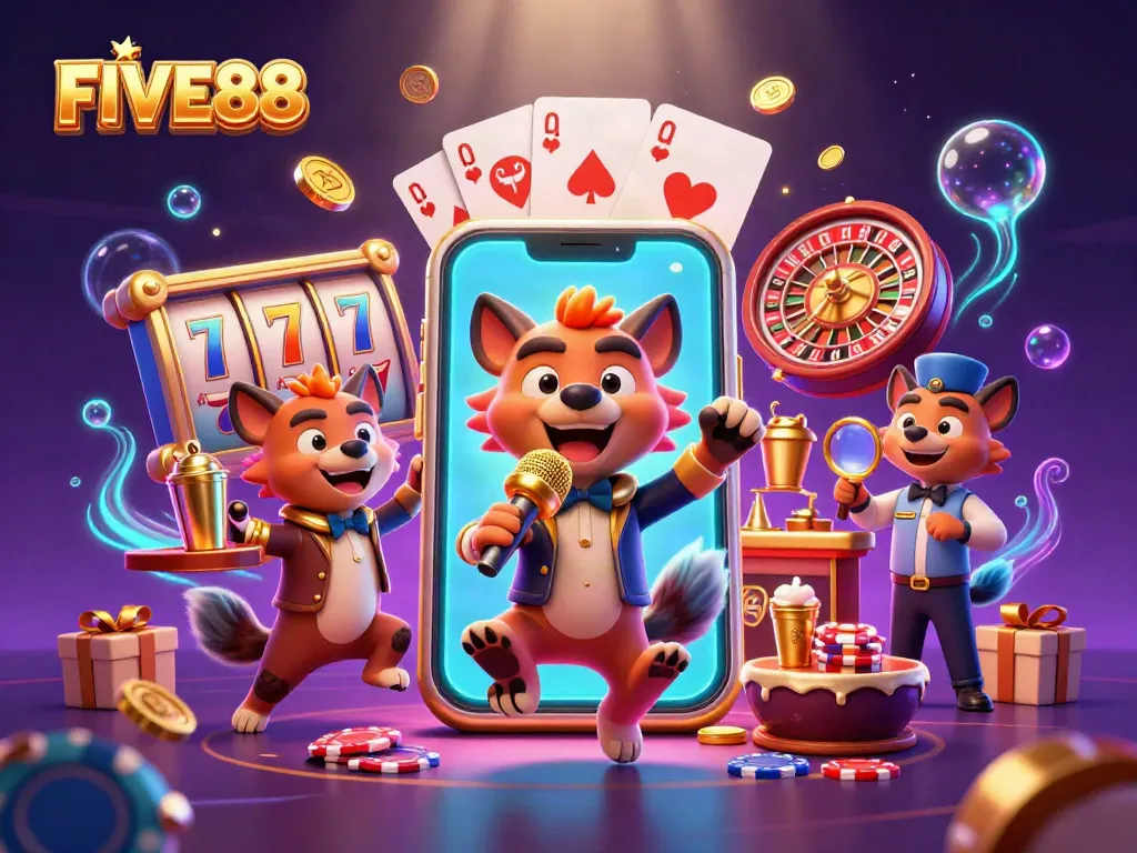Engage with FIVE88's exciting atmosphere featuring hyenas in a lively casino scene.